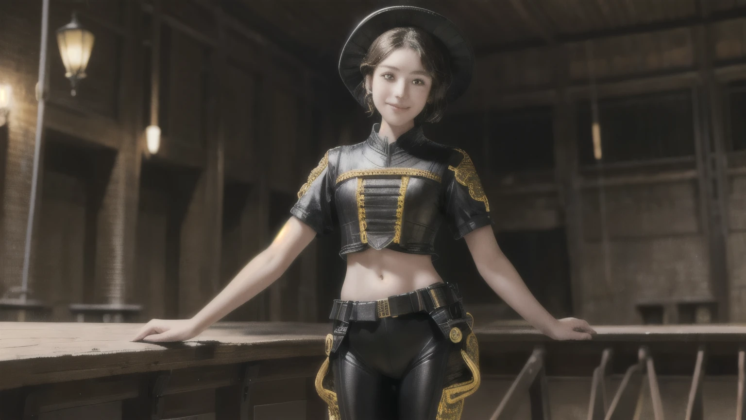 223 Short Hair, 20-year-old woman, A kind smile, (Luxurious stables), (Rembrandt-style painting), ((machinery suit,Clothes with short sleeves)),I can see your abs