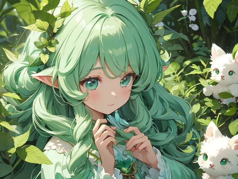 1 Female、Dryad Woman、Mint green outfit、Fluffy curly hair、Mint green background、Small animals in the forest、Kindness and inclusive atmosphere, (close up shot:1.3)