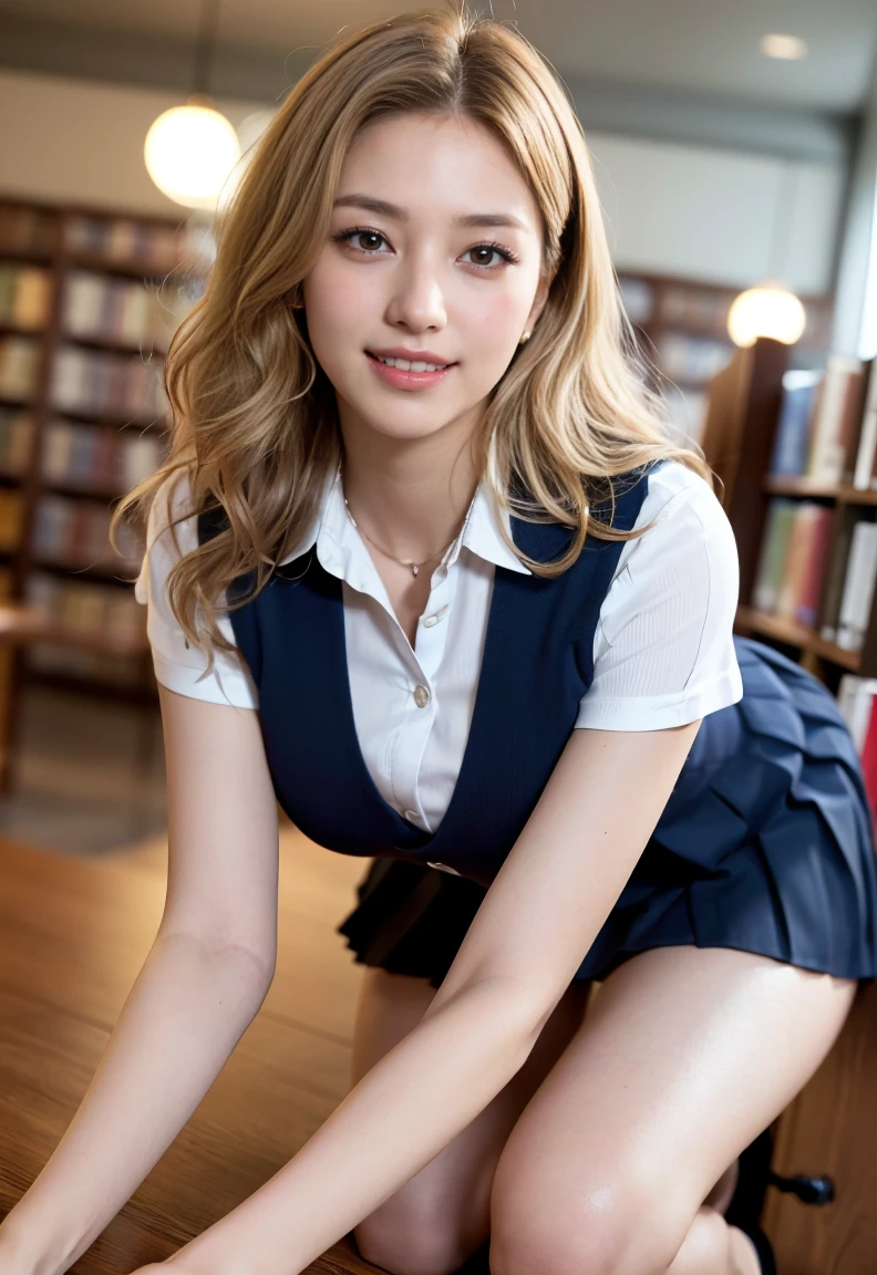 (((neat woman,Bright-eyed excitement,kind big smile,blush,blush,red cheek,please touch me,tempting viewer,i want you))),(all fours,all fours,hip higher,i can see your panties),((((blush,red cheek)))),(cinematic lighting), (Photo real:1.4)、(A hyper-realistic:1.4)、(Photorealistic:1.3)、 (gentle lighting: 1.05)、(Improve the lighting quality of your video:0.9)、 32k、25years old woman、photorealistic lighting、Back lighting、Facial Lights、Ray Trace、(bright:1.2)、(Increase quality:1.4)、 (best quality real texture skin)、Fair eyes,delicate face、 Close-up of the face, ((Wearing the white collared tight shirt,navy tight vest-dress uniform,(no printed navy pleated skirt),high-heel),(Bodyline mood improvement:1.1)、Glossy skin、Korean Idol、Nogizaka Idol、good figure,perfect anatomy,Beautiful actress,(((beautiful huge breasts,slender waist,slender hip,long slender legs,8heads tall))),(((8heads tall))),(((blonde wavy hair,curtain bangs))),(((in the beautiful modern office of library,super clean night view,in the night))),