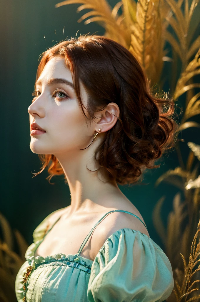 ( masterpiece, top quality, best quality,8k, girl,ultra detailed,raw photo:1.5),(photorealistic:1.4),(cinematic lighting), PerfectNwsjMajic, , Surrealism, UHD, ccurate, Super detail, textured skin, High detail, Best quality, dynamic angle, (high nose,White skin),[Beautiful blue eyes],(1girl),(good anatomy:0.5)), a woman in a dress, rococo queen, rococo fashion, rococo style portrait,rococo dress, rococo cyberpunk, No estilo de arte de Bowater, Senhora Vitoriana, Dreamy atmosphere,expressive brush strokes, mystical ambiance, Artistic interpretation, a whimsical illustration, Subtle colors and tones, face, short wavy hair,dark red hair