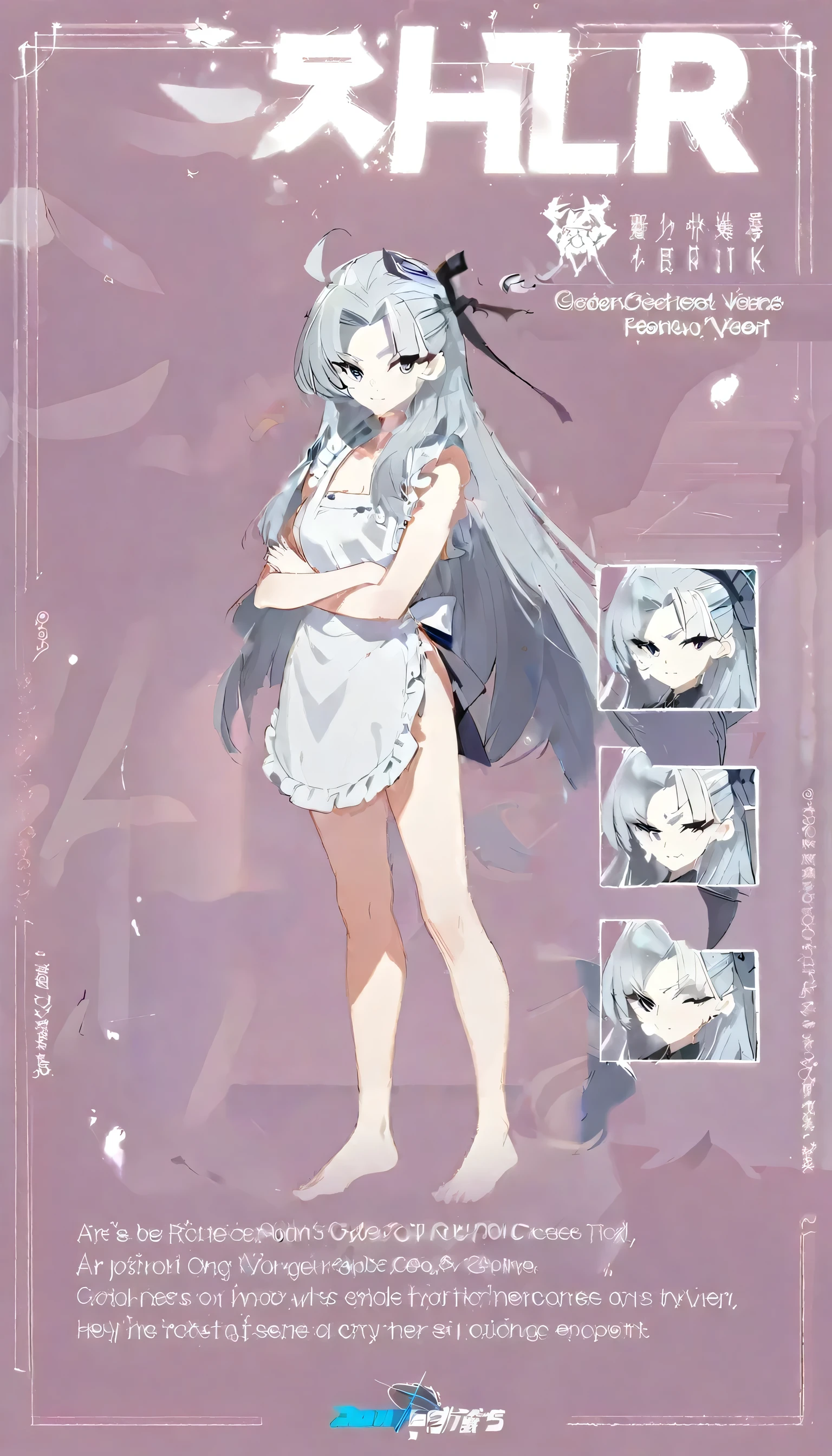 One Girl,naked,apron,Long Hair,Grey Hair,Concept Art,whole body,Are standing,cool,,Simple background gray,barefoot,