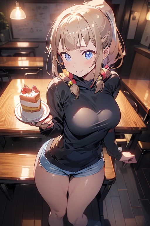 (looking down on the audience:1.3),(from side:0.9), ((Face)), (Close-Up:0.4), ((looking at viewer, holding a cake)),highest quality、(real、photorealistic:1.4),(ultra high resolution, 8K RAW photo, clear focus), best qualtiy, natural lighting, field depth, (Bright pupils, detailed beautiful eyes, high detailed face), Red lip, (tight focus:1.2, from below), y posing, 1female, teacher, wearing a dark brown hoodie, bootyshorts, Thicc, big breilver hair, long hair, blue eyes, pretty girl, (highly detailed beautiful face and eyes,firm breasts),in,((black,hair,long pony tail hair)),thin pubic hair,cute,lovely,24 years old,(alchemist costume:0.8), detailed eyes, the background is a pizzaria, smiling,(with sparkling eyes and a contagious smile), looking at viewer,