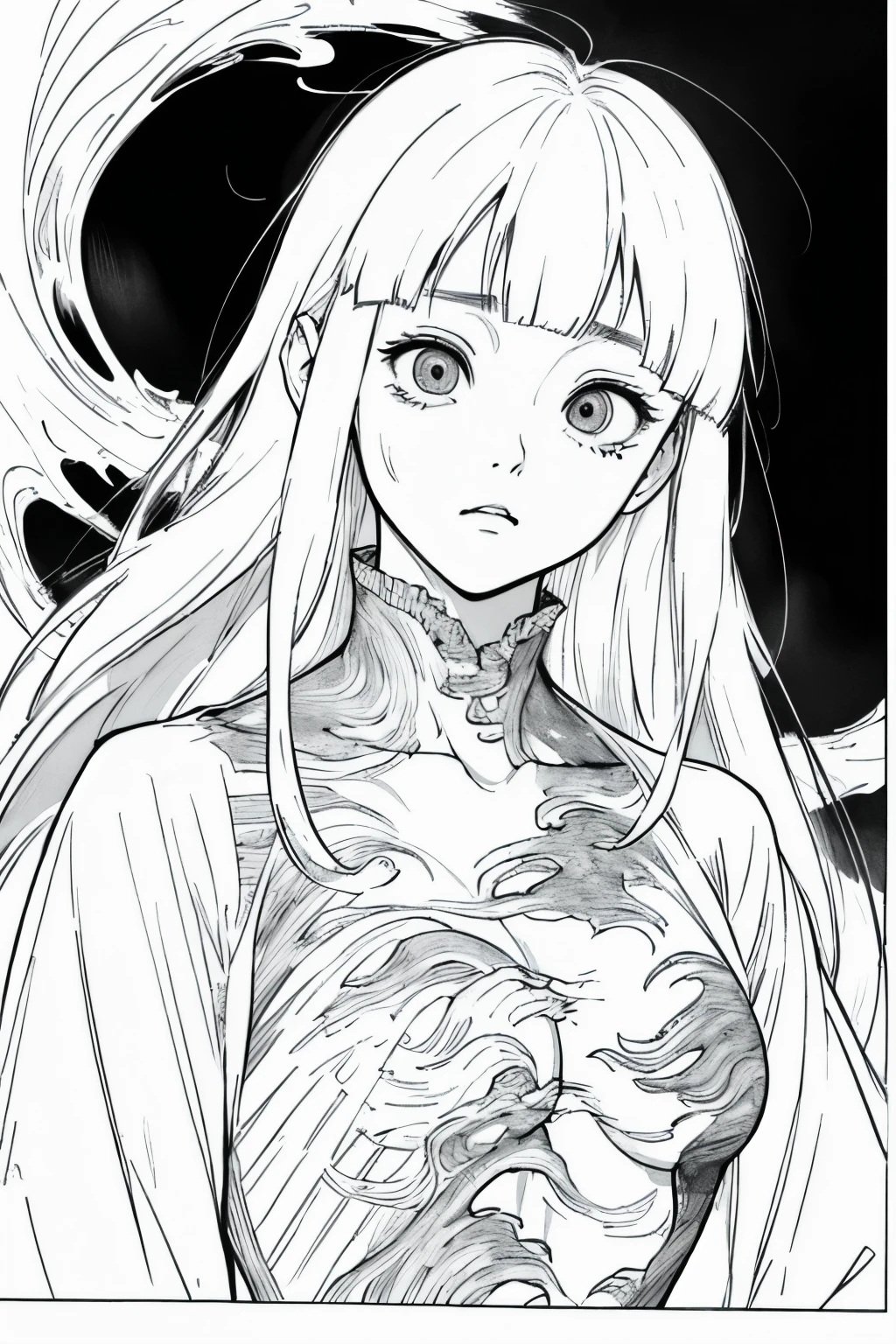 Long hair in women, black背景, sad, Expressionless, shot in the chest, Upper body close-up, rough Expressive lines, Expressive lines, dark lines, Dense lines, Strong line drawing, masterpiece, highest quality, Super quality, Very delicate and beautiful, horror manga, 白blackマンガ, black & draw with white line, Inspired by Junji Ito, Junji Ito's artistic style, Written by hand, Focus Character, Very fine,