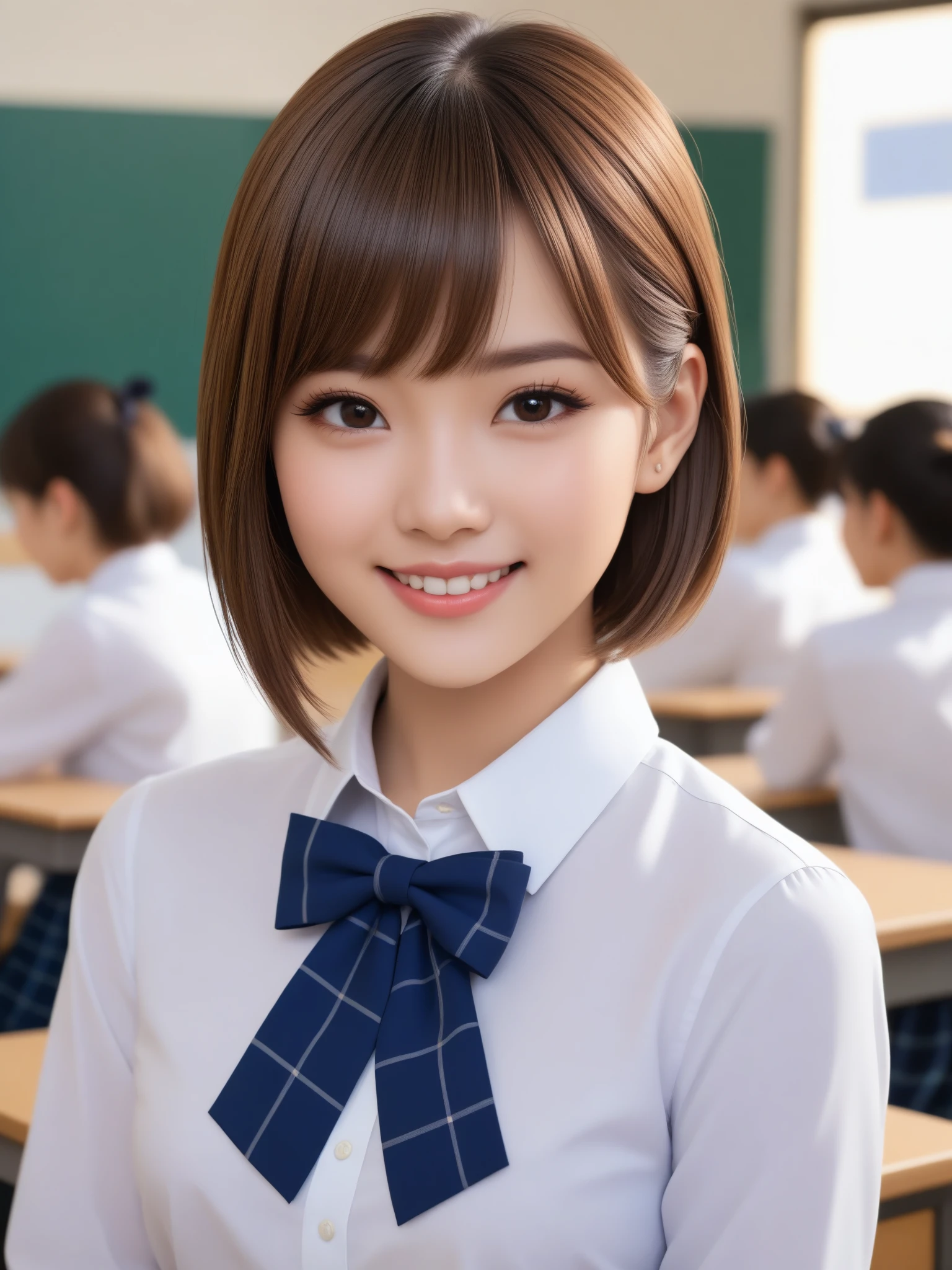 product quality, 1girl, upper body shot, front view, a Japanese young pretty girl, 18 years old, short hair, taking a class with a big smile in a crowded classroom of a high school, glamorous figure, busty, wearing a white collared shirt of long sleeves, plain dark blue bow tie, dark blue tartan plaid pleated skirt, hyper cute face, glossy lips, double eyelids in both eyes, natural makeup, long eyelashes, shiny smooth light brown hair, asymmetrical bangs, fair skin, central image, high resolution, high detail, detailed hairstyle, detailed face, spectacular cinematic lighting, octane rendering, vibrant, hyper realistic, perfect limbs, perfect anatomy