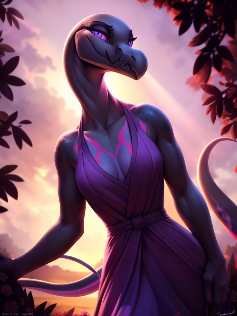 uploaded on e621, ((Salazzle)) by Pixelsketcher, by Bayard Wu, by Thomas Benjamin Kennington , by Einshelm, solo anthro, (( portrait)), BREAK, ((sundress:1.2)), , ((wearing long flowing sundress, purple sundress, sundress with flower pattern, fully clothed)), (detailed Bonifasko lighting), (detailed scales), (detailed skin), (female Salazzle), BREAK, ((long flowing tail)), ((facing viewer)), (cinematic lighting), ((detailed background)), ((full body portrait view)), (((full body view))), (half body shadow), [backlighting], [crepuscular ray], [detailed ambient light], [gray natural lighting], [ambient light on the belly], (higher wildlife feral detail), [explict content], [sharp focus], (questionable content), (shaded), ((masterpiece)), furry Salazzle, reptilian face, furry Fantasy Art, furry Art, Commission for High Res, anthro Art, POV furry Art,Sakimichan beautiful, masterpiece, natural breasts, medium breasts, best quality, detailed image, bright colors, detailed face, perfect lighting, perfect shadows, perfect eyes, girl focus, purple eyes, flawless face, face focus, reptilian girl, scales, scales woman, dragon nose, large long muzzle, colorful scales, gaze at the viewer, half-closed eyes, 1girl, solo, full body, (masterpiece:1.21), (best quality:1.2), (illustration:1.2), (cinematic lighting:1.3), detailed scales, balanced coloring, global illumination, ray tracing, good lighting, scales, anthro, smiling, standing, cleavage,