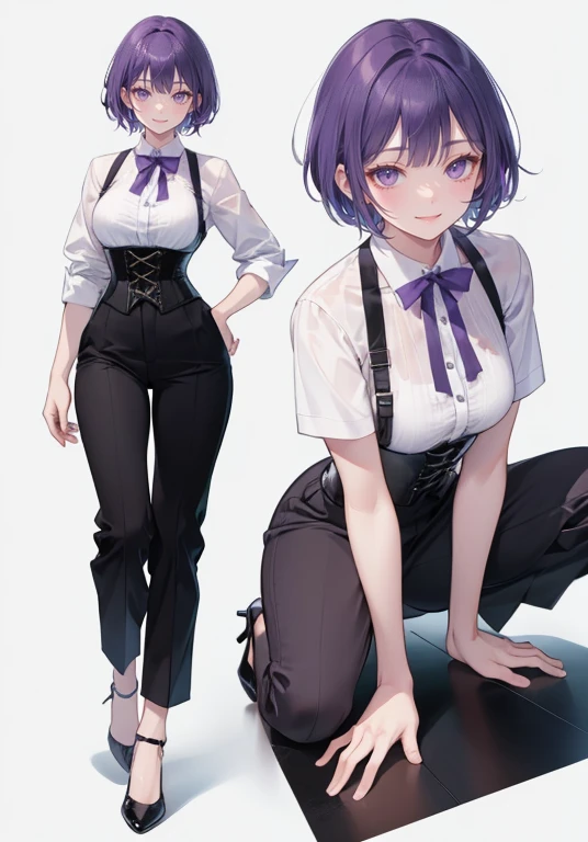 Purple hair,short cut hair,Adult female,Bartender,((Body harness)),((Rolling up your sleeves shirt)),(Corset),(slacks),(slit),High heels,((Simple background)),Smile,((Full body)),((whole body)),Character Sheet,