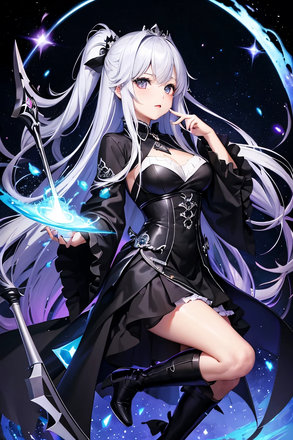 （（（highest quality、first-clasasterpiece、Normal body、8k、Detailed face、Ultra-precision、Normal hand、Normal finger、５Finger、）））Silver Hair、Princess、Black Dress、Black Skirt、Ridiculous Costumes、Shiny Tiara、Metal Boots、Death Scythe、Fantastic Scythe、Dark Scythe、Grim Reaper、grim Reaper、Milky Way、big bang、Supernova、Black Hole、巨大なmagic陣、背後にmagic陣、magic、Magic Light、magic cirlcle、Hel&Haven