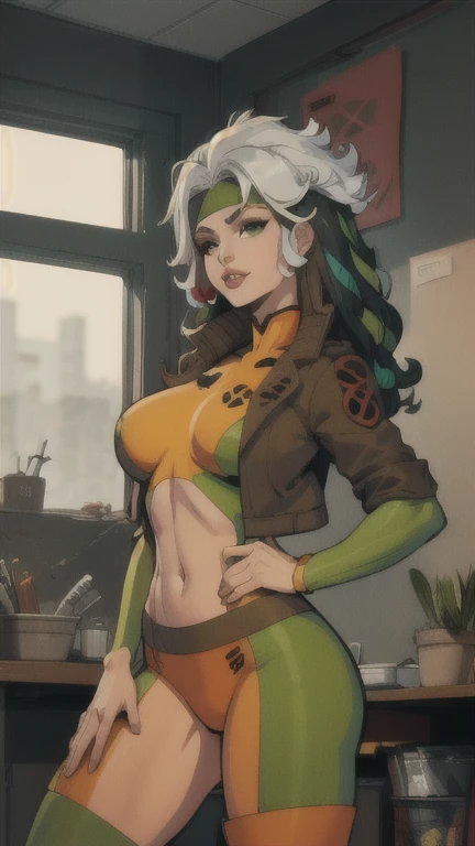 DESENHO ANIMADO_X_Humano_on its own,ownwaifu,
long cabelo,seios,brown cabelo,olhos verdes,lipstick,inventar,lips,white cabelo,two-tone cabelo,arco de cabelo,wavy cabelo,large seios,messy cabelo,curly cabelo,grande_cabelo, 
yellow Poderia,jaqueta,luvas,cinto,luvas amarelas,green Poderia,Poderia,multicolored Poderia,Super heroi, pele firme,roupas multicoloridas,  1 garota, Sozinho, olhando para o espectador,sempre em frente, tronco, arte oficial, high resolution, scenario, (obra de arte:1.1), (melhor qualidade,:1.1), (alta qualidade:1.1), (Captura de tecido de anime:1.2), bra panties.