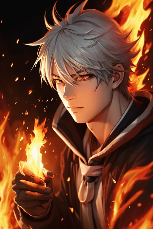 (Absurd, High resolution, Super detailed), masterpiece,Gray-haired, Boy with yellow and red eyey head is on fire, 火は体と収束します 乱流のIn flames, A fire burns behind him, Detailed digital anime art, , In flames, Sacred Flame Spell, Handsome man in demon killer art, Fiery Hair, Burning wreath, Consists entirely of fire, Hair made of fire,White wolf ears