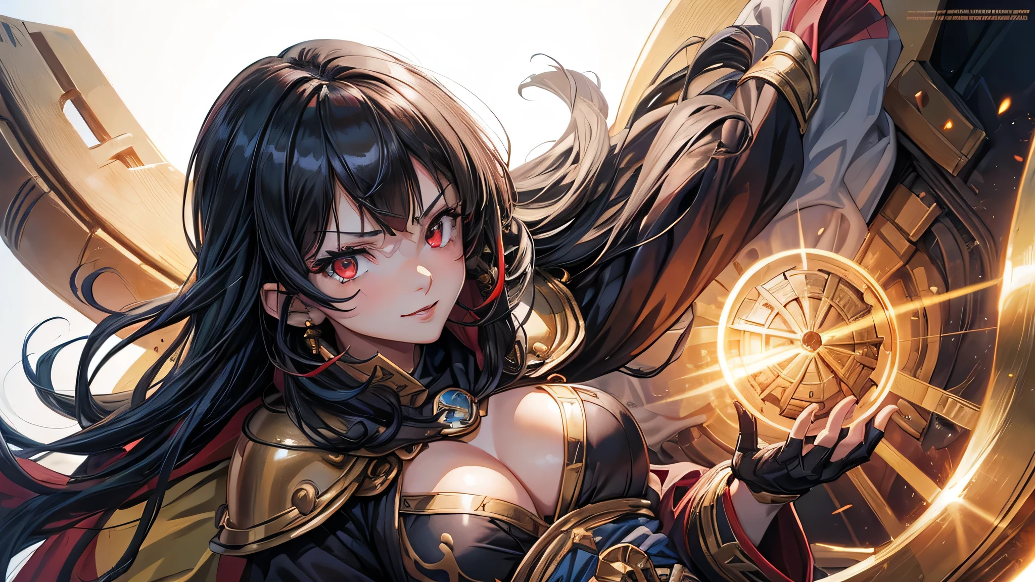 (((Conqueror's Haki))) (in a Overlord robe) (solo:1.3 straight black hair long hair cute femdom:1.2 girl, 18 yo, sexy red eyes, Overlord face, angry:1.2 smile, bigboobs),((make-up sexy face)) ((background is Mega Flare)), BREAK, perfect anatomy, masterpiece, best quality, 16k.