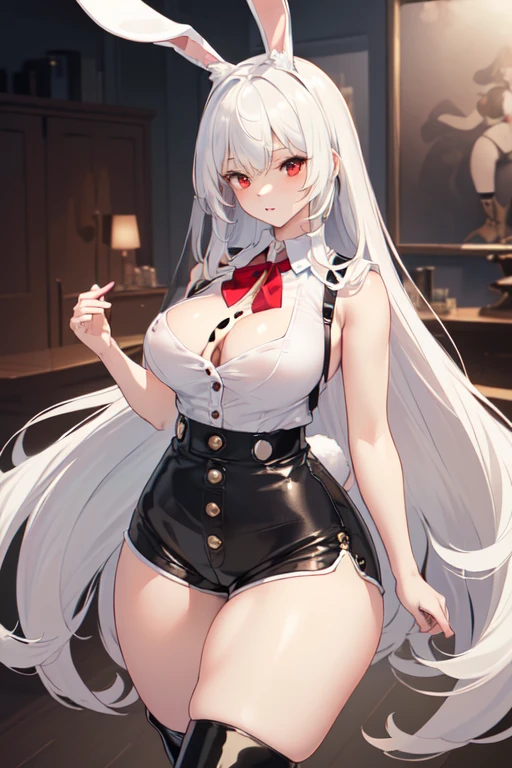((masterpiece, best quality, high detailed:1.2)), 8k uhd, ((long white hair, red eyes, pale skin, bunny ears, bunny tail, medium breasts, curvy body, thick thighs, white sleeveless button up shirt, black high waist shorts, thigh thigh black leather heeled boots))