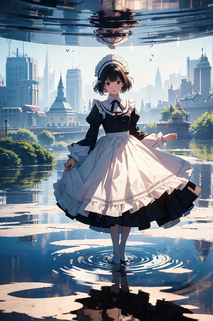 (masterpiece, best quality:1.1), (popart style),flat color,1guy,guy wear maid dress, headdress, frill sleeves, long sleeves, frill skirt, long skirt, clothes floating, floating bodies, floating in mid-air, distorted photo, floating away,levitating above the ground, (mirror-like reflection on water surface), floating in air, double exposure photography,beautiful detailed scenery, beautiful lighting,photographic portrait, sharp,