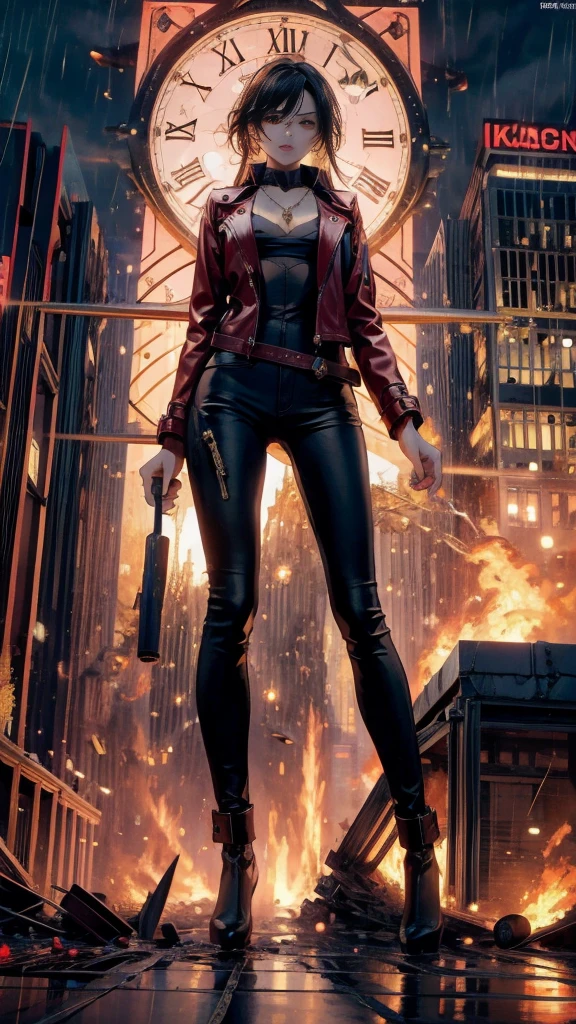 (32k, High resolution, highest quality, masterpiece, 超High resolution), (((Giantess Elements, Typhoon heavy rain))), From above, Perfect dynamic composition:1.2, ((night, In a small metropolis just at foot height)), (Expressions of sadness:0.7), Highly detailed skin and facial textures:1.2, (Holding a sword:1.0, Towering Giant Young Woman:1.0, taller than a skyscraper:1.0, 400,000 feet high:1.5, Incredibly slim body:1.0), Fair skin, Sexy beauty, Very beautiful face, Water droplets on the skin, (The rain drips down on my body:0.5, Wet body:0.5, Wet Hair:0.5), ((Red Leather Jacket:1.0, Tight black leather pants:1.0)), Shapely breasts, Chest gap, Big eyes that exude beautiful eroticism, Lips that exude beautiful eroticism, necklace, Earrings, bracelet, wedding ring, clock, ribbon, High heels, Full body portrait, (Destroy a small city, Burning Small Town, rubble, Destroyed small building, Collapsed highway, Evacuated Residents), ((Major impact, Emphasizing the majesty and power of giants, Increase the destructive element, Lower the building, Making cities smaller))