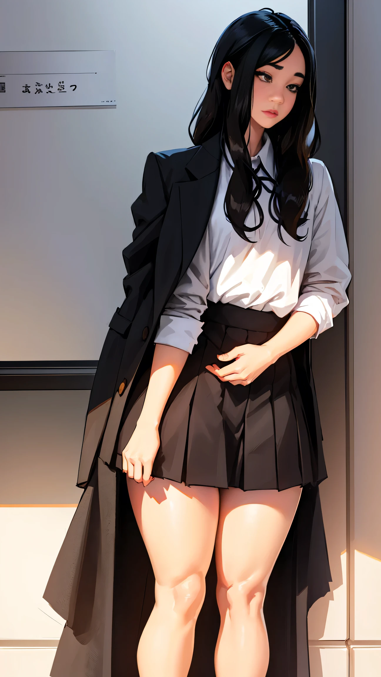 masterpiece, best_quality, 1girl, solo, shirt_tucked_in, long_skirt, black_hair, brown_eyes, school, curvy, long_eyelashes, low_tied_hair, pale_skin, , flat chest, tiny chest, thick, thick thighs, slim waist, tiny waist, teacher