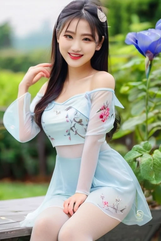 ((32k，super highest quality，Ultra-high resolution，masterpiece，Realistic，Realistic，Very detailed))，Young, adorable and cute 16 year old〜20 year old girl，(Seamless Ultra-thin All-through Pantyhose，Ultra-thin seamless pantyhose, sexy, all-through, beautiful legs, tights, stockings, sheer, pantyhose, ladies))，Full body photo，Full body angle，Esbian all over，Baby Face，single eyelid，Long legs，Thin legs，Thin thighs，Beautiful hands and feet，chest，Cute smile，Adorable smile，nice smile，Rose garden in the background，Long Straight Hair，Iris，Black Hair，A cute and beautiful Japanese girl who still retains her youthful charm，A body that still retains a youthful look，Slim waist，((Modern Chinese traditional costume for women，China dress，丈の短いChina dress，セクシーChina dress，ミニChina dress，China dressセクシーロリタ服ワンピース))