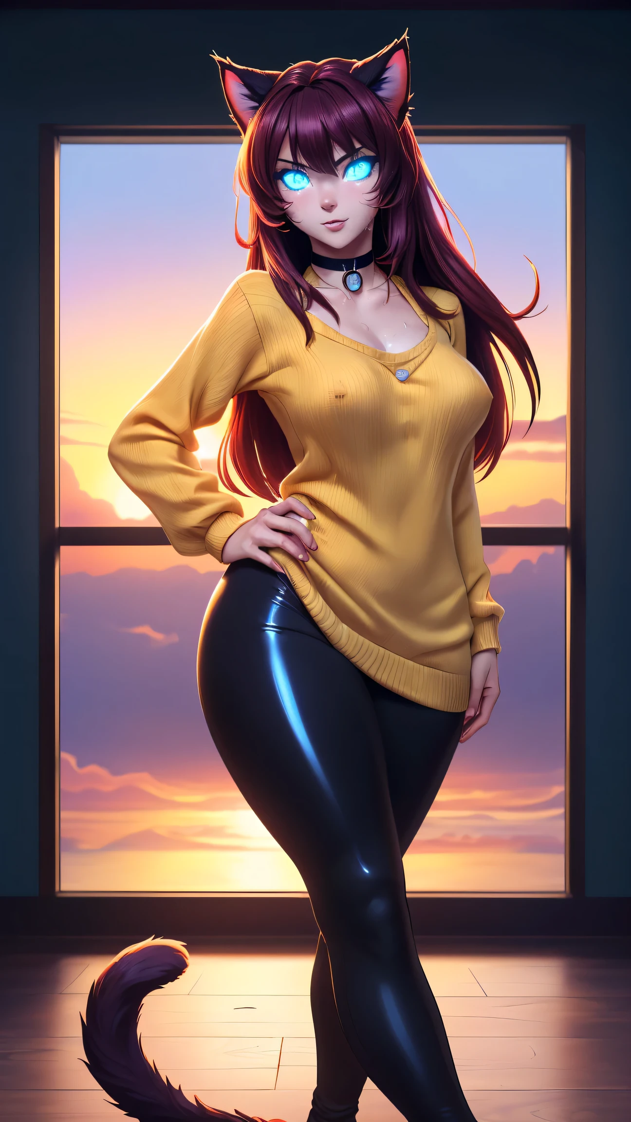 Neko Girl, Maid, Princess, ((Have a fluffy cat tail)), ((purple long hair), beatiful face, ((sexy facial expression)), is looking at the camera, ((Body color: swarthy reddish)), skin color: swarthy, sweaty body, Body glare, ((Beautiful Female Eyes)), ((Eyes glow with blue light)), ((Perfect Sexy Figure)), Ideal body shapes, big thighs, ((sophisticated and beautiful)), Sexy stance ((frontal view)), ((The clothes: Yellow sweater with beautiful neckline and women's sexy leggings, There is a choker around the neck)) Background: Dark room with window overlooking the sunset, Depth of field, ((ultra quality)), ((tmasterpiece)), Clear image, crisp details, Realistic, professional photoshoot, Clear Focus, the anime, Colorfully drawn, NSFW