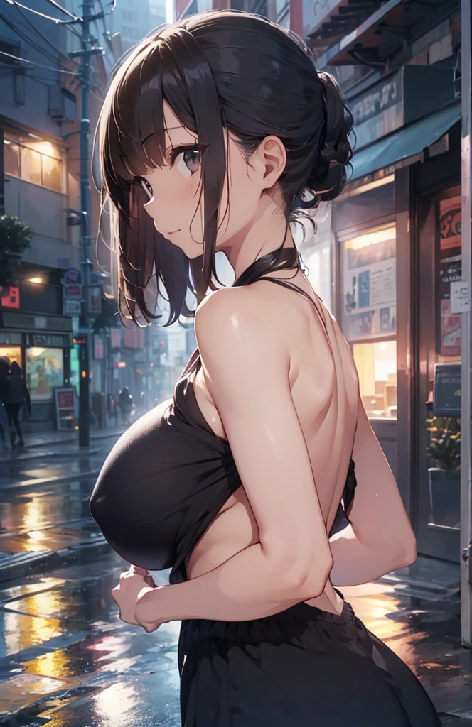 ((ultra-quality)), (A woman waiting at a traffic light in heavy rain), (Wearing a backless dress:1.2), (No slings:1.5), (hands are down:1.5), (arms are down:1.5), (in 8K), (arms behind back:1.5), (Angle from side:1.6), (side breast), (side back view:1.5), (profile), ultra high-res, Hyper Detailed, High contrast, Ultrafine Strike, creative refinement, absurdres, Realistic, extremely detailed CG unified 8k wallpaper, Highly detailed, High-definition raw color photos, professional photography, Realistic portrait, Cinematic Light, Beautiful detailed, 20 years old woman, (realistic skin:1.3), (shiny skin), (Best Quality:1.4), Super Detail, High quality, master piece, lifelike, Perfect face, Silly, (side hip), (closed mouth:1.3), (Sharp Focus), (upper body), (close up), Delicate Beautiful Hair and Eye and Face, Delicate eye, radiant eye, Lifelike, Hyper-detailing, (firm chest:1.6), (upturned chest:1.6), (large breast:1.6), (Beautiful breast:1.5), (breast is covered with backless dress:1.1), (Sheer nipple), (smooth flanks), (arms behind back), Beautiful cute woman, camel-toe details, SFW, slim body, pale black eyes, brunette short bob hair, ponytail, on a deserted street