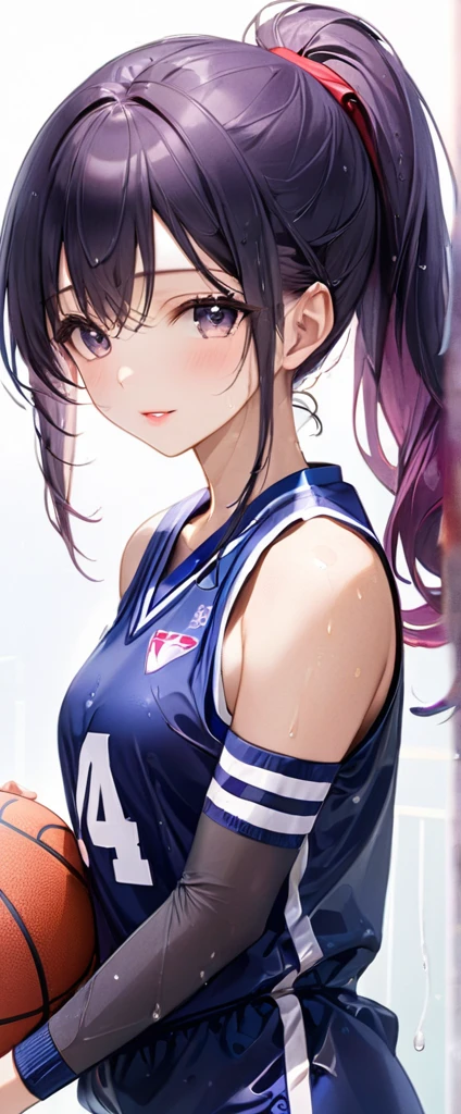 (masterpiece,highest quality,超A high resolution),japanese woman, (((Very beautiful 25 year old girl))), pretty girl、look at the photographer、 ((beautiful low ponytail)), super cute face, glossy lips, double eyelids in both eyes,natural smile、 natural makeup, long eyelashes, Shiny and smooth hair、center image, perfect limbs, perfect anatomy,(((basketball uniform)))、,(wet with sweat),See-through