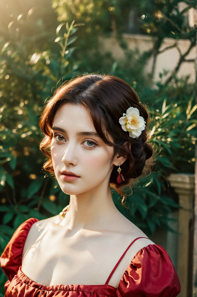 ( masterpiece, top quality, best quality,8k,17 years old girl,ultra detailed,raw photo:1.5),(photorealistic:1.4),(cinematic lighting), PerfectNwsjMajic, , Surrealism, UHD, ccurate, Super detail, textured skin, High detail, Best quality, dynamic angle, (high nose,White skin),[Beautiful blue eyes],(1girl),(good anatomy:0.5)), a woman in a dress, rococo queen, rococo fashion, rococo style portrait,rococo dress, rococo cyberpunk, No estilo de arte de Bowater, Senhora Vitoriana, Dreamy atmosphere,expressive brush strokes, mystical ambiance, Artistic interpretation, a whimsical illustration, Subtle colors and tones, face, medium short wavy hair,dark red hair