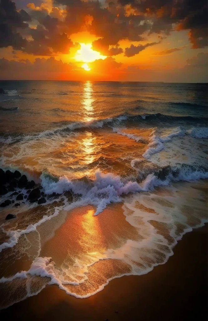 Absolutely mesmerizing sunset on the beach, with a blend of oranges, pink color, The sky is full. The crystal clear waters of the sea gently kiss the coast, White sandy beaches stretch endlessly. The scene is full of dynamics,Breathtaking, Seagulls soar in the sky,Palm trees swaying gently. Feel the calm atmosphere,Let peace envelop you.