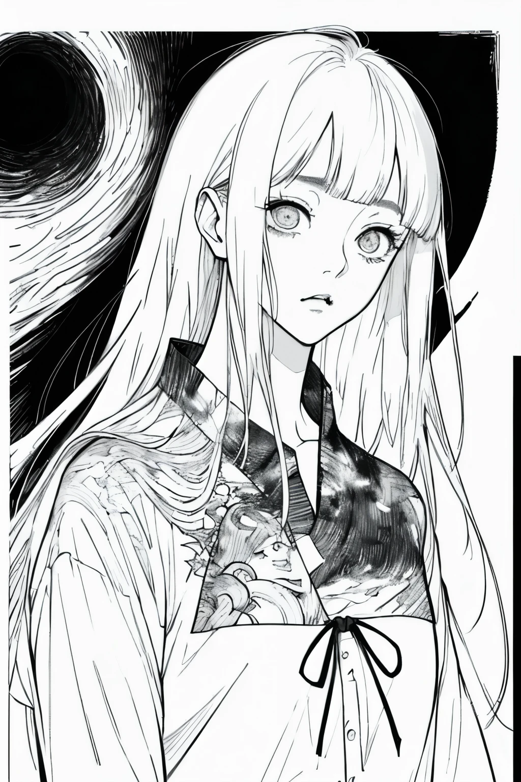 Long hair in women, black背景, sad, Expressionless, shot in the chest, Upper body close-up, rough Expressive lines, Expressive lines, dark lines, Dense lines, Strong line drawing, masterpiece, highest quality, Super quality, Very delicate and beautiful, horror manga, 白blackマンガ, black & draw with white line, Inspired by Junji Ito, Junji Ito's artistic style, Written by hand, Focus Character, Very fine,