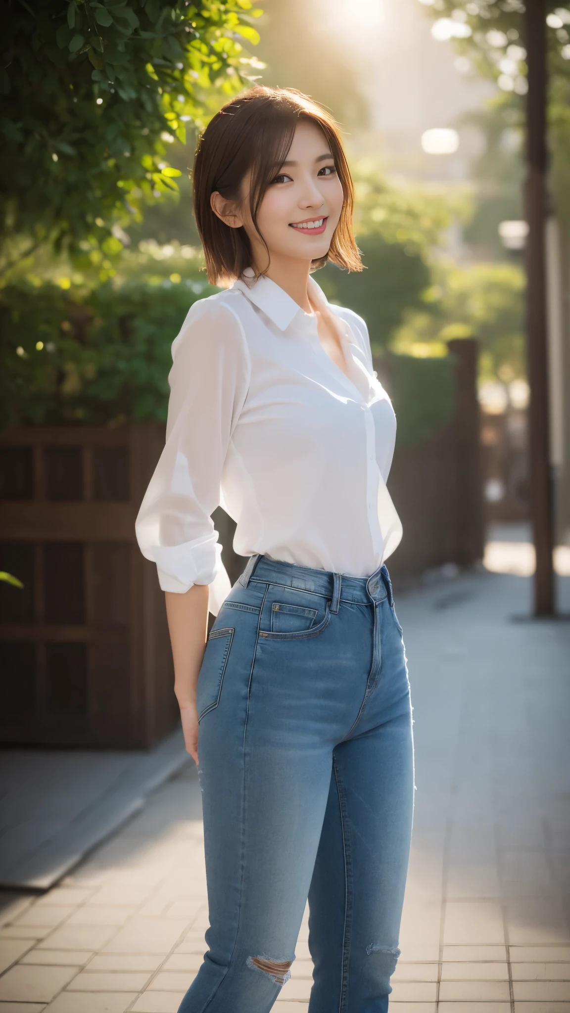 (超A high resolution,RAW Photos,8k,KHD,highest quality,masterpiece:1.5),(Intricate details,Realistically),One very beautiful woman, 30 years old, High resolution, Highly detailed face, (Professional Lighting,Bokeh),(Particles of light,Lens flare brilliance,Luminous Particles:0.6),Gentle soft lighting,Trendy atmosphere,Japanese,Street,Stylish side-wavy short hair,Bobohead, Brown haired, hair is delicate and soft,Spread your wings, Lips parted, mouth紅, Captivating smile, smile, mouth, teeth, There are small dimples,White Swan Neck,Shave your shoulders, Big Chest,(small,Golden ratio numbers),Please wear(Bluish gray)(Perfect fit,Slim fit,体にPerfect fit)Wearing a fashionable white shirt, (Wash Blue)(Fashion Jeans),(Attention to detail in the costumes:1.5), double eyelid,Long eyelashes, Birthmark, (Mole under the eye: 1), Big breasts and small waist,Beautiful ass,Calves are balanced, Thinness:1.2,Small white and soft jade legs,Beautiful toes:1.5,Wear branded fashion sandals:1.0,(Boldness,Coquettish,Playful and beautiful poses,Raised to be sexy,Attractions),Female-centered focus photography,Focus on the hips and crotch,Wide lighting,Natural Shadows,Wide Wide Shot,Close Focus,Full body shot:1.8,Full body photo:1.8