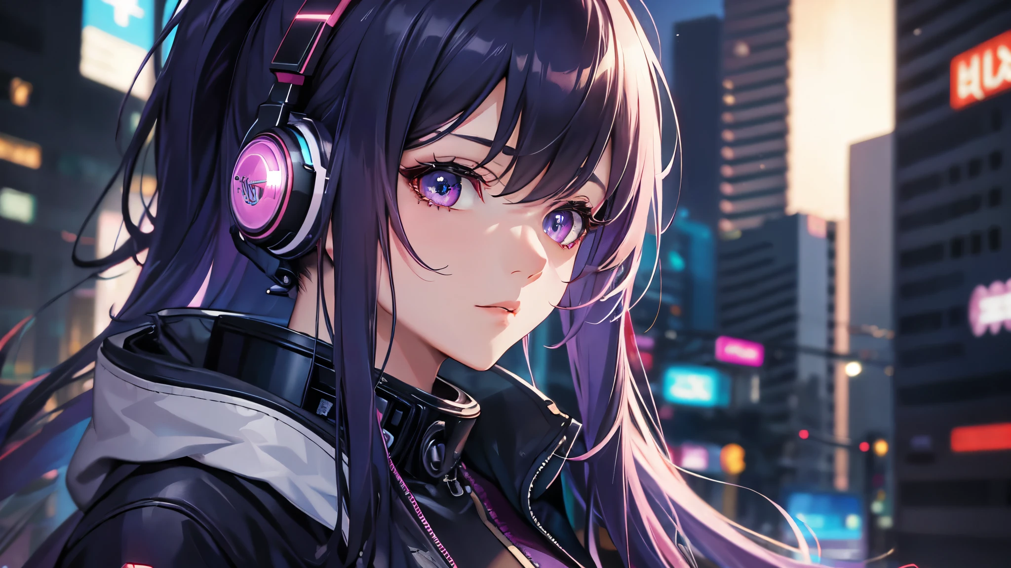 ((masterpiece, highest quality, Best image quality, High resolution)), ((Highly detailed CG synthesis 8k wallpaper)), Anime girl with futuristic hair and headphones in front of a city, Digital Cyberpunk anime art, Cyberpunk Anime Girl, Digital Cyberpunk - Anime Art, Dreamy Cyberpunk Girl, female Cyberpunk Anime Girl, Cyberpunk art style, Portrait of a cyberpunk girl, anime cyberpunk art, Anime Style 4K, Cyberpunk beautiful girl, Cyberpunk atmosphere, Cute Cyborg Girl, Cyberpunk anime art, Anime Style. 8k、Close-up face