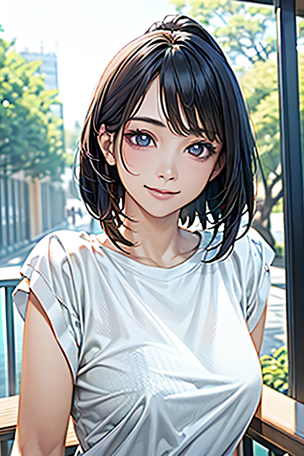 ((highest quality、8k、masterpiece、Realistic:1.4、detailed、Beautiful and detailed))、Detailed Skin、Beautiful and clear eyes、Natural smile、Beautiful girl with a smile、Bright sunlight, Perfect Anatomy,