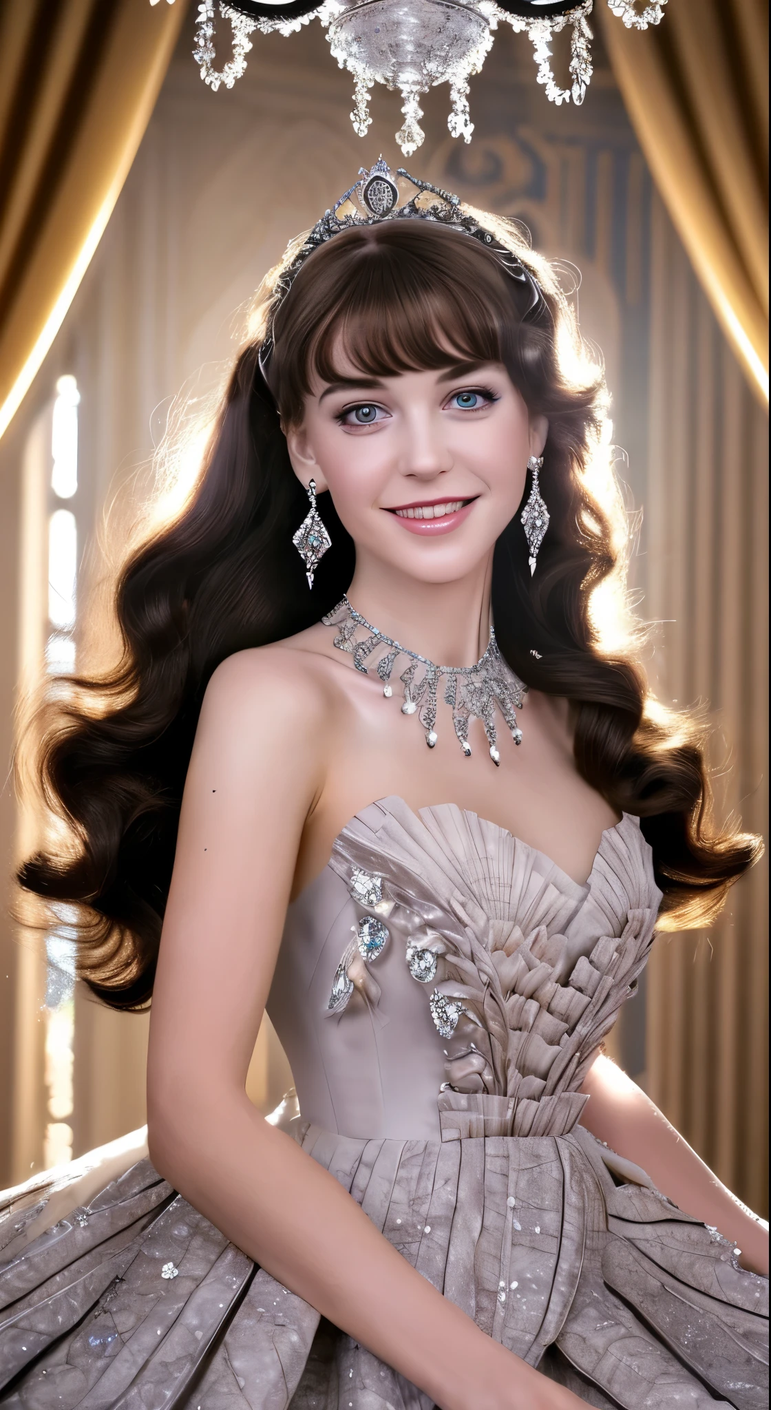 Dramatic composition, Court-style dress, Royal, nice, カスケードFrills, Frills, bow, Crystal Chandelier, Roman Curly Hairstyles, to place, Drill-like double ponytail, Looking at the camera, bangs, Maximalism, Palace-like background, Delicate depiction of hair and eyes, Princess Dress, nice skirts, Flowers in hands, smile, Starry Eyes, Cinematic Light, Extremely detailed, High resolution, Happy girl, Very long hair, diamond, broken diamond, Crystal Fragment, Particles of light
