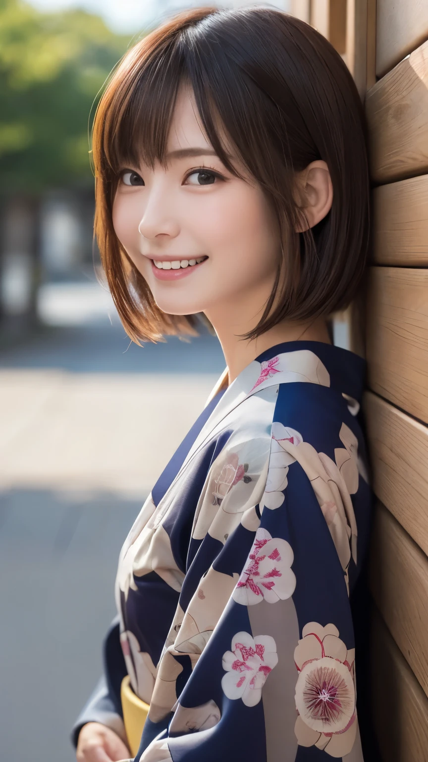 top-quality、Face Focus、softlight、(depth of fields)、super high resolution、(Realistic:1.4)、Raw photography、(portlate:1.4)、(From Side:1.2) 1 Japanese girl、solo、cute little、(full of shyness、A smile:1.1)、(Brown-eyed)、detailed beautiful faces、(short-hair)、traditional Japanese kimono、Luxury kimono、no wrinkles at all , (shy smile :1.3)