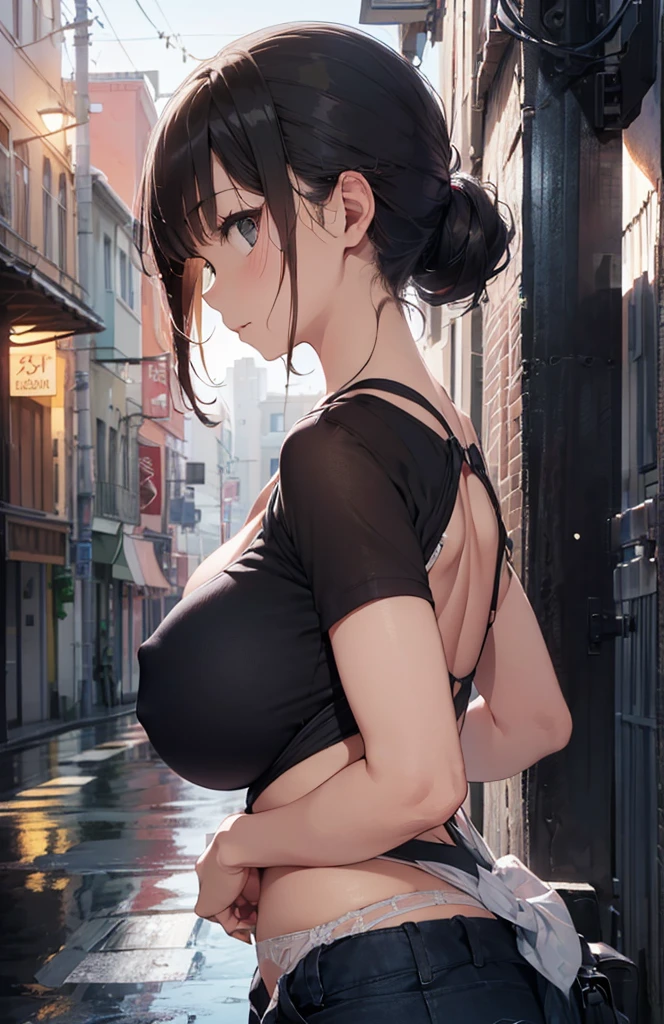 ((ultra-quality)), (A woman waiting at a traffic light in heavy rain), (white low rise micro pantie:1.2), (No slings:1.5), (hands are down:1.5), (arms are down:1.5), (in 8K), (arms behind back:1.5), (Angle from side:1.6), (side breast), (side back view:1.5), (profile), ultra high-res, Hyper Detailed, High contrast, Ultrafine Strike, creative refinement, absurdres, Realistic, extremely detailed CG unified 8k wallpaper, Highly detailed, High-definition raw color photos, professional photography, Realistic portrait, Cinematic Light, Beautiful detailed, 20 years old woman, (realistic skin:1.3), (shiny skin), (Best Quality:1.4), Super Detail, High quality, master piece, lifelike, Perfect face, Silly, (side hip), (closed mouth:1.3), (Sharp Focus), (upper body), (close up), Delicate Beautiful Hair and Eye and Face, Delicate eye, radiant eye, Lifelike, Hyper-detailing, (firm chest:1.6), (upturned chest:1.6), (large breast:1.6), (Beautiful breast:1.5), (breast is covered with shirt:1.1), (Sheer nipple), (smooth flanks), (arms behind back), Beautiful cute woman, camel-toe details, SFW, slim body, pale black eyes, brunette short bob hair, ponytail, on a deserted street