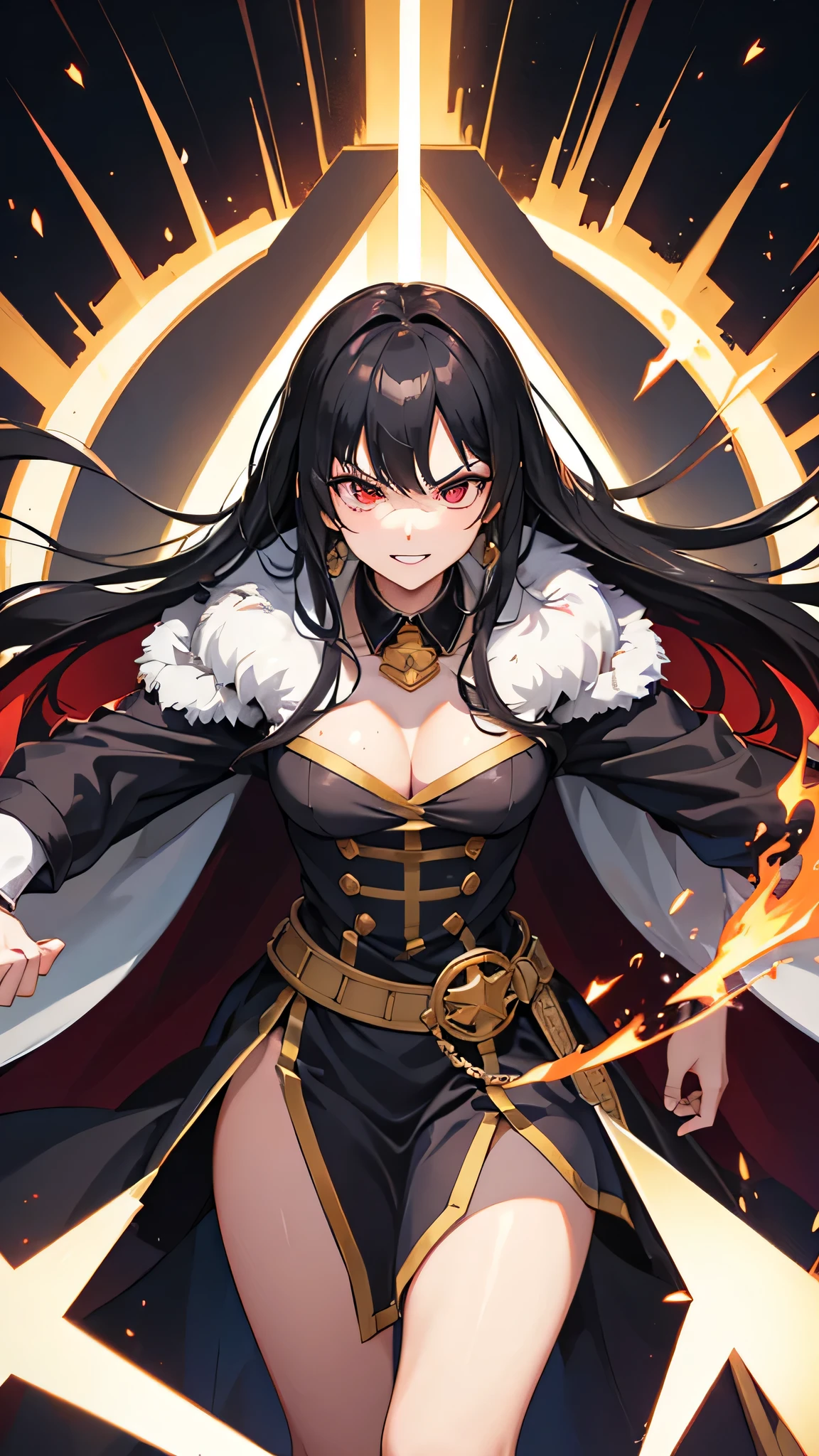 (((Conqueror's Haki))) (in a Overlord robe) (solo:1.3 straight black hair long hair cute femdom:1.2 girl, 18 yo, sexy red eyes, Overlord face, angry:1.2 smile), ((background is Mega Flare)), BREAK, perfect anatomy, masterpiece, best quality, 16k.
