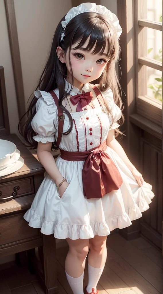 Create an 8K version of the character Alice.
《Red Cliff》alice doll: it should look charming and beautiful, Keep the iconic elements of the original characters. Alice Chibi must have a round face,large size, Clear eyes, long eyelashes and rosy cheeks. Your hair should be short and light brown or light brown.
Very beautiful dress: Vestir Alice chibi em um Very beautiful dress e elegante em tons de vermelho ou branco. This dress may have ruffles, income & detail, Reference to the Wonderland theme. Add a ring or ribbon, Add a touch of sophistication.
apron & bow: Adicione um apron branco sobre o vestido de Alice Chibi, Tie with a thin bow around the waist. O apron pode ter pequenos detalhes, such as pockets or fine embroidery.
cute socks and shoes: 用藍白條紋襪子或有趣的細節完成愛麗絲的Red Cliff造型. Standing, Put on cute baby shoes, Has a tie or buckle.
Magic accessories: 為愛麗絲的Red Cliff添加迷人的配件, Like a bow in your hair or a headpiece with fairyland details. You also get beautiful themed accessories.
Be sure to add shadows, 头发的纹理和detail, 愛麗絲Red Cliff的衣服和配件, Make it even more charming and captivating. Give him a smiling face,Put a sweet smile on his face, Capture the character's essence in a subtle and captivating way.