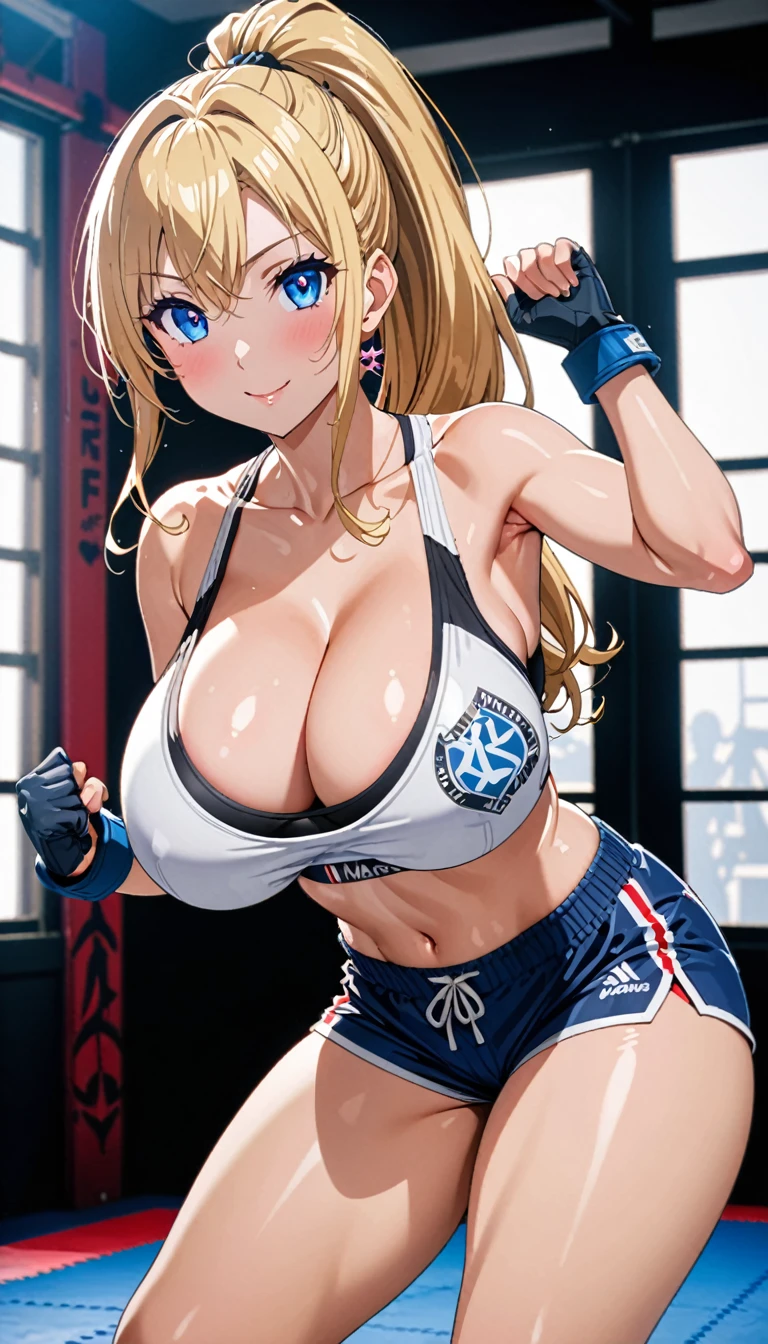 ((masterpiece)), ((high quality)), ((super detailed)), ((high resolution)) ,((8k)), a beautiful woman, ((She is one of the most famous female Gravure idol in the world.)), unparalleled beauty, ((huge breast)), ((large ass)), ((deep cleavage)), slim waist, chest out, ultra detailed face, perfect skin, (((Half-up hairstyle, Blonde Ponytail hair))), blue eyes,  detailed eyes, whole body image, sexy, an inviting smile, sensual, (((anime))), ((glamorous)), sexual attraction, 26 years old, ((incredibly beautiful woman)), ((The H cup bust)), ((((sexy pose)))) ,  (((Sports Bra, Shorts))),  ((beautiful breasts)), beautiful legs, 8 life size, anime, the most beautiful and strongest, ((charm)), ((Half Japanese and half British)), ((Grown-up face)), ((Open Finger Gloves, Five fingers)),  ((Mixed Martial Arts, Karate practice)),