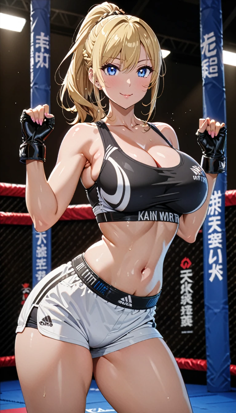 ((masterpiece)), ((high quality)), ((super detailed)), ((high resolution)) ,((8k)), a beautiful woman, ((She is one of the most famous female Gravure idol in the world.)), unparalleled beauty, ((huge breast)), ((large ass)), ((deep cleavage)), slim waist, chest out, ultra detailed face, perfect skin, (((Half-up hairstyle, Blonde Ponytail hair))), blue eyes, detailed eyes, whole body image, sexy, an inviting smile, sensual, (((anime))), ((glamorous)), sexual attraction, 26 years old, ((incredibly beautiful woman)), ((The H cup bust)), ((((sexy pose)))) , (((Sports Bra, Shorts))), ((beautiful breasts)), beautiful legs, 8 life size, anime, the most beautiful and strongest, ((charm)), ((Half Japanese and half British)), ((Grown-up face)), ((Open Finger Gloves, Five fingers)), ((Mixed Martial Arts, Karate practice)),