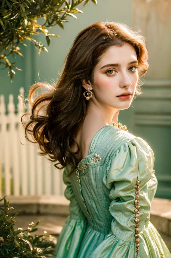 ( masterpiece, top quality, best quality,8k,17 years old girl,ultra detailed,raw photo:1.5),(photorealistic:1.4),(cinematic lighting), PerfectNwsjMajic, , Surrealism, UHD, ccurate, Super detail, textured skin, High detail, Best quality, dynamic angle, (high nose,White skin),[Beautiful blue eyes],(1girl),(good anatomy:0.5)), a woman in a dress, rococo queen, rococo fashion, rococo style portrait,rococo dress, rococo cyberpunk, No estilo de arte de Bowater, Senhora Vitoriana, Dreamy atmosphere,expressive brush strokes, mystical ambiance, Artistic interpretation, a whimsical illustration, Subtle colors and tones, face, (loose hair)