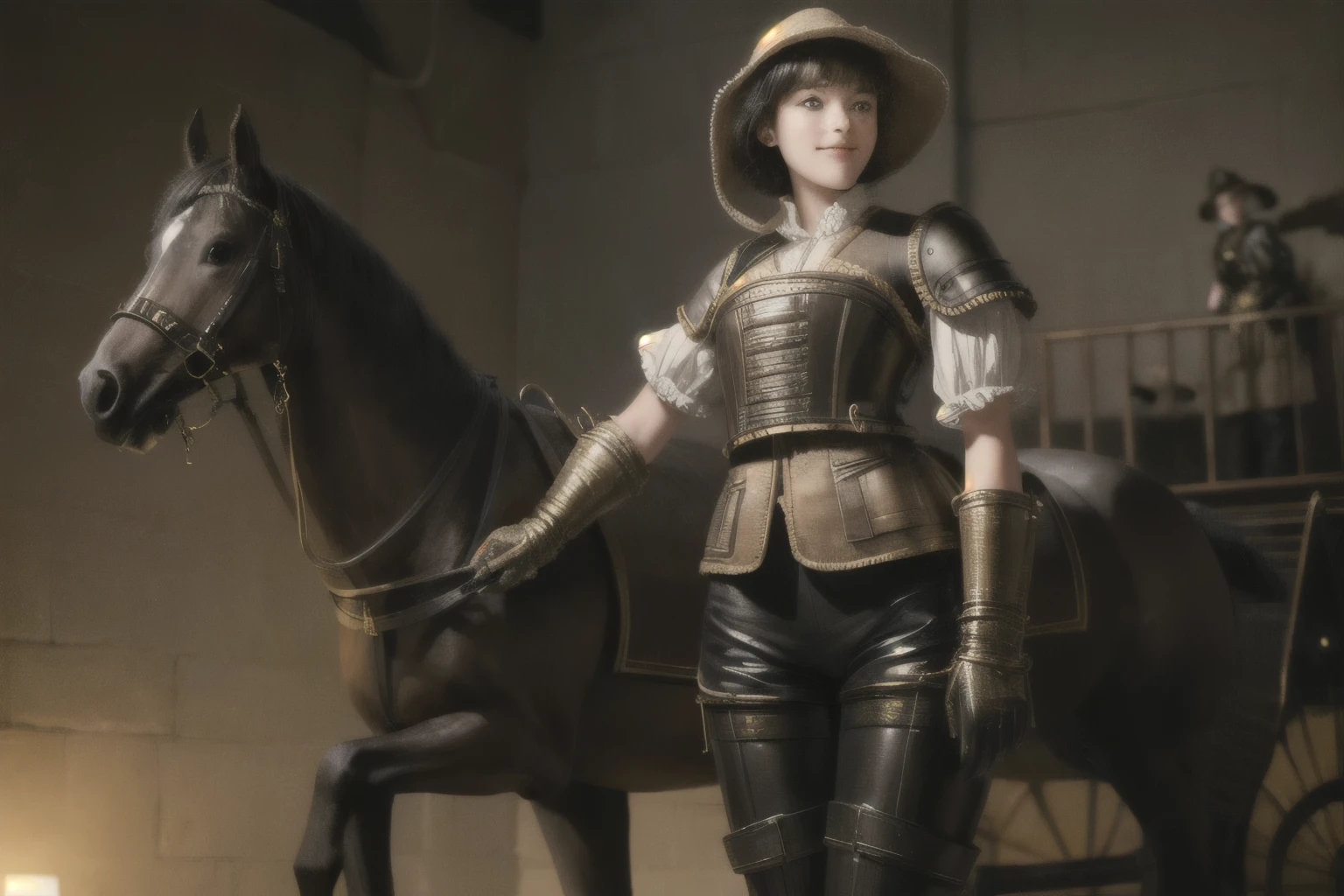 223 Short Hair, 20-year-old woman, A kind smile, (Luxurious stables), (Rembrandt-style painting), ((machinery suit,Clothes with short sleeves)),I can see your abs