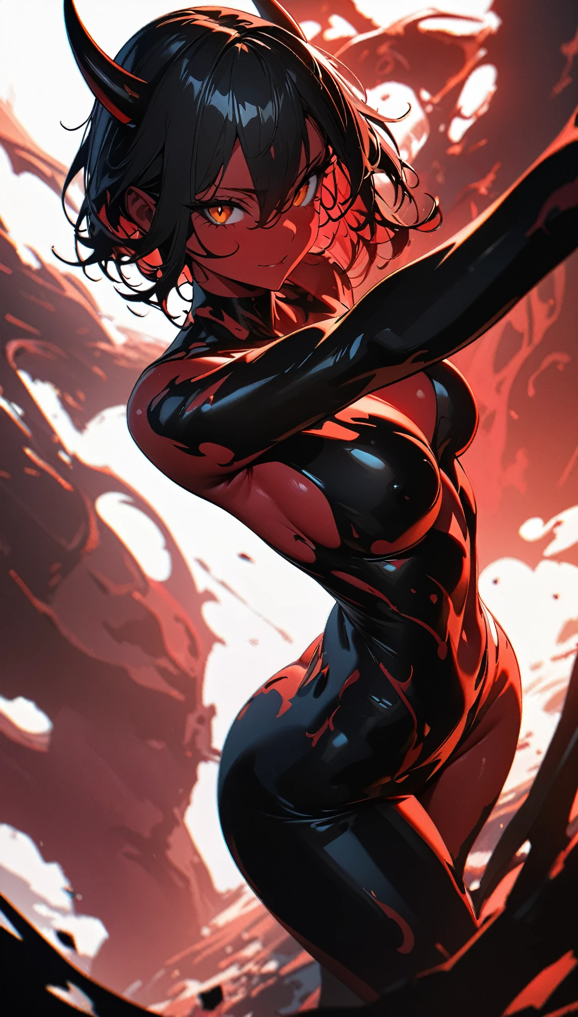 (high quality, 8k, 4K, High Detail, High Contrast, masterpiece:1.2, 最high quality, Best aesthetics), ((1 female)), Devil in the Lava, Red skin, Lava Body, Devil horns, Devil's Wings, Low-set wings, Encased in lava, Devil's Roar, Impressive fantasy artwork, Random Pause, Dutch Angle, Lava landscape, Ultra-fine illustration.