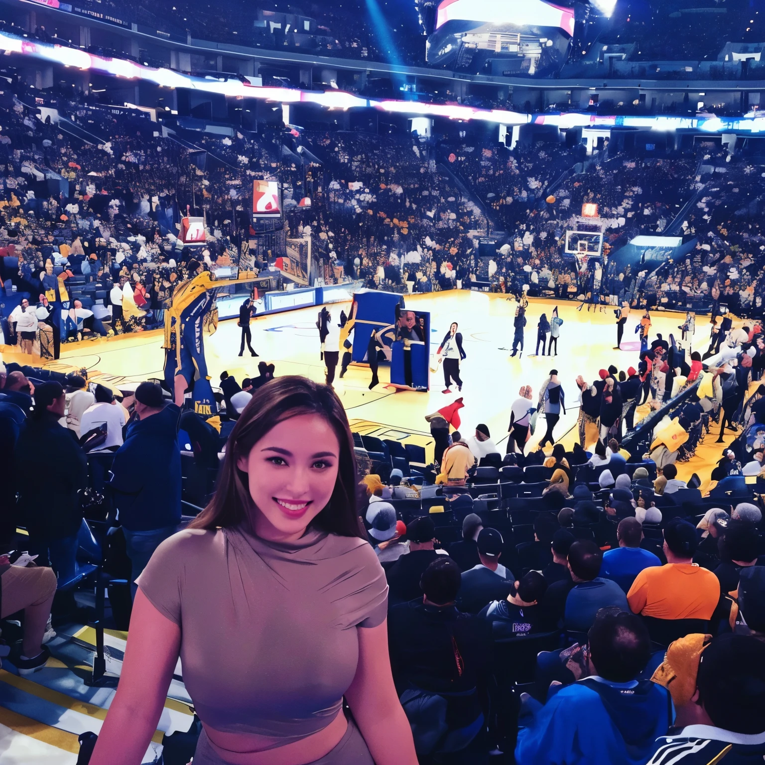 arafed view of a woman standing in front of a crowd of people, standing in an arena, in front of a large crowd, wearing nba jersey, in an arena pit, instagram post, in a coliseum, standing in a stadium, having a great time, shot on iphone 6, in an arena, nba finals, in the middle of an arena