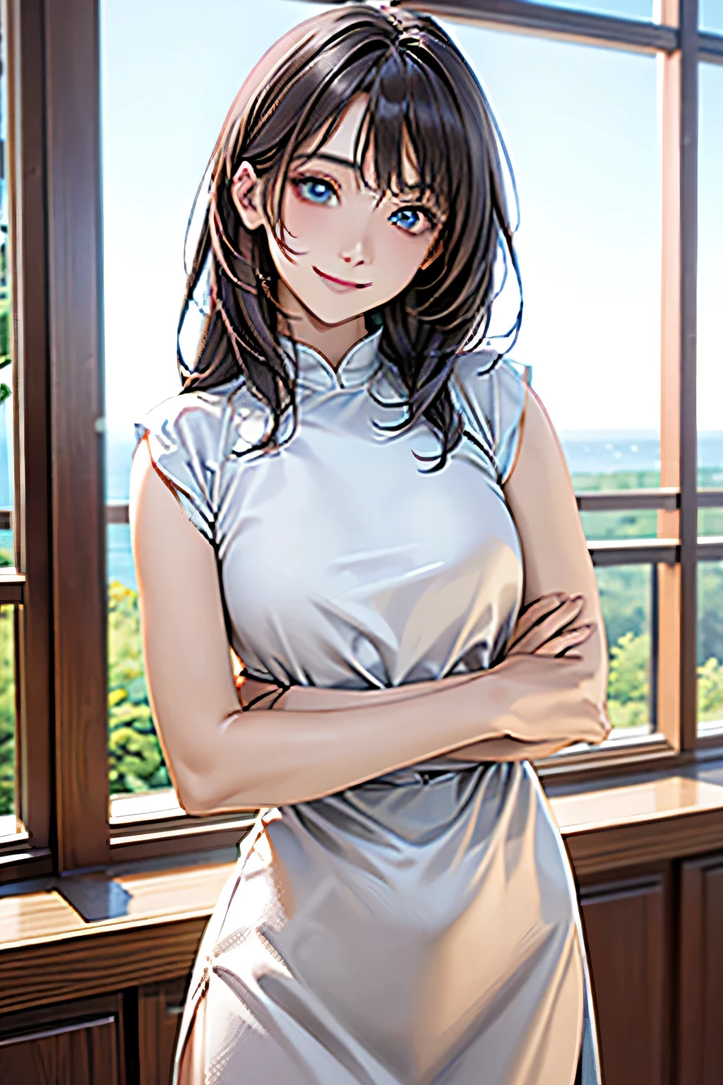 ((highest quality、8k、masterpiece、Realistic:1.4、detailed、Beautiful and detailed))、Detailed Skin、Beautiful and clear eyes、Natural smile、Beautiful girl with a smile、Bright sunlight, Perfect Anatomy,