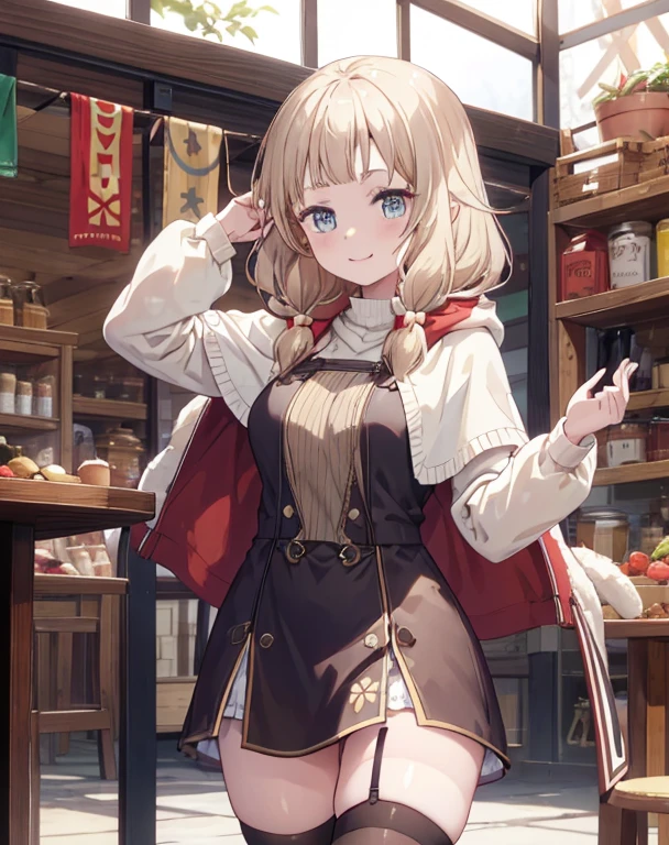 masterpiece, 1girl, sparrow, a blonde haired girl, wearing a brown viking clothes, curly medium hair, messy hair, slim body, wearing furry capelet with hoody, he close her left eye, shirt ornament, aqua eyes, sho show her back, ahoge, red vest, baby face, big breast, beautiful breasts, rounded breasts, braid hair, long sleeves, beautiful eyes, white stocking, droopy eyes, her age is 19 years old, smile, ancient viking 
