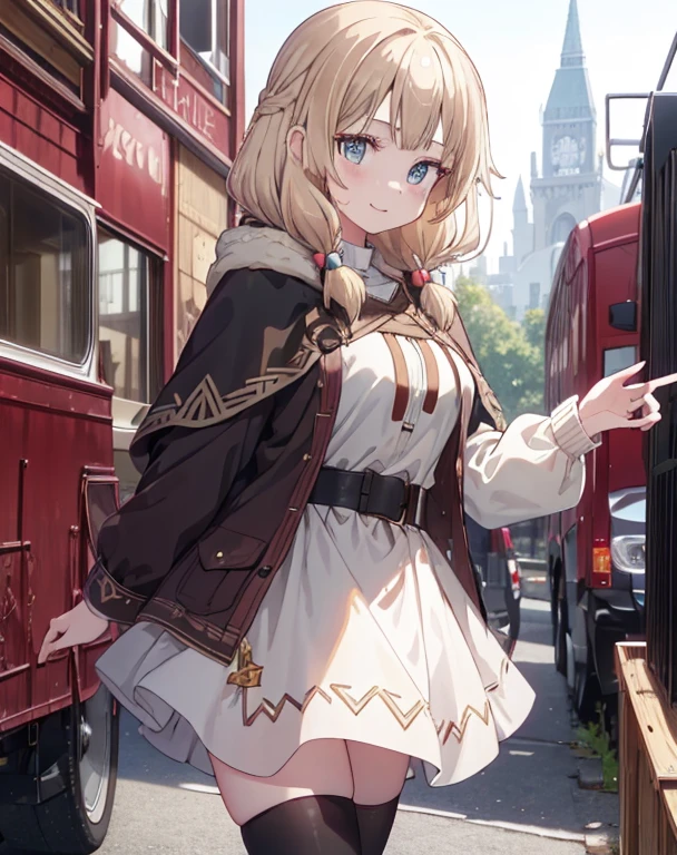 masterpiece, 1girl, sparrow, a blonde haired girl, wearing a brown viking clothes, curly medium hair, messy hair, slim body, wearing furry capelet with hoody, he close her left eye, shirt ornament, aqua eyes, sho show her back, ahoge, red vest, baby face, big breast, beautiful breasts, rounded breasts, braid hair, long sleeves, beautiful eyes, white stocking, droopy eyes, her age is 19 years old, smile, ancient viking 