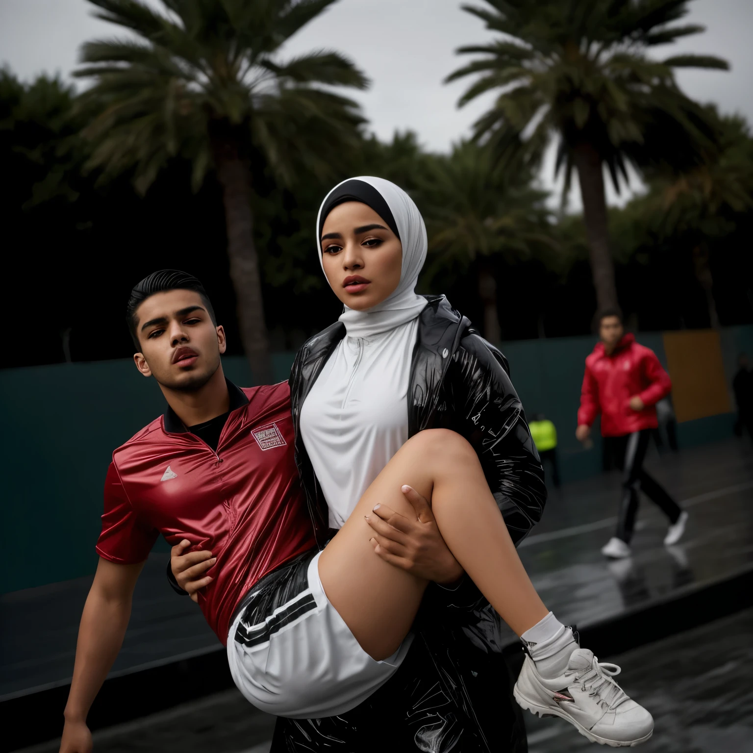 a desparated arab muslim hijabi-girl is standing in a laquered and very shiny quilted coat and carries a man in matte sportswear in her arms, a shouting arab muslim-woman carries a man in dull sportswear, a woman carries in her arms a male soccer player in cotton sportswear, rainy weather, rainfall, humid, girl carries guy, lift and carry, an excessively madeup arab veiled girl in a high-shine wet black latex downcoat, a soccer scene, a soccer injury, first aid carry at a soccer match, a young madeup latino-girl in a shiny black vinyl downjacket, a madeup arab girl in a shiny plastic-downcoat, a very sad and desperately crying latino-girl, an intensely madeup latino-girl in a glossy black vinyl-downcoat, latino-girl with lipstick, muslima-girl with smoky eyes, dramatic action pose, woman that is carrying a skinny shorthaired man, there is a beautiful woman in a shiny coat who is carrying a shorthaired blond man in her arms, a longhaired beautiful woman in a high-shine black puffy coat, a longhaired woman in a shiny downcoat, a woman is carrying a shorthaired man who is wearing black shorts, a weak shorthaired man in black shorts is consciousless and needs to be carried, a shorthaired man with closed eyes is carried in the arms of a longhaired latino-woman, a latino-woman looks very scared and terrified, a consciousless shorthaired man with closed eyes is suffering very much and has a very painful face, photo, photo shoot, photographed, arafed man being carried by a woman, very realistic, very very realistic, hyper-realistic, hyper - realistic, hyper realistic, jacket over bare torso, very disturbing, very hyperrealistic, super realistic, hyperrealistic!, extremely realistic, very very very realistic, super-realistic realistic, super-realistictic!, extremely realistic, very very very realistic, super-realistic realistic, super-realistic, veiled arab woman's face, a completely matte and very dull cotton fabric soccer jersey on a male shaped torso