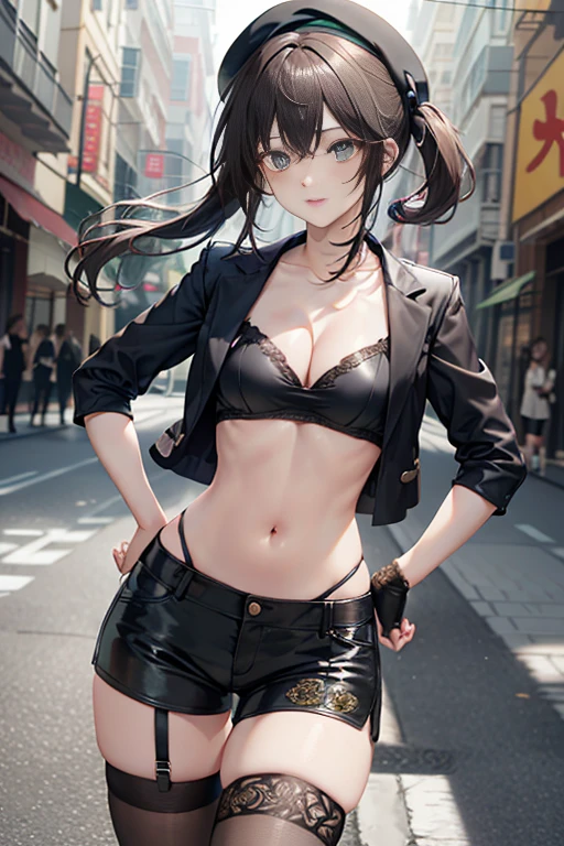 ubel,dark green hair,long hair,side ponytail,hair between eyes,bangs, BREAK (beret, black jacket, open clothes, cleavage, midriff, black shorts, black thighhighs, thigh strap, fingerless gloves, single glove:1.2) BREAK blurry background, BREAK pose, hand on hip, BREAK (masterpiece:1.2), best quality, high resolution, unity 8k wallpaper, (illustration:0.8), (beautiful detailed eyes:1.6), extremely detailed face, perfect lighting, extremely detailed CG, (perfect hands, perfect anatomy),