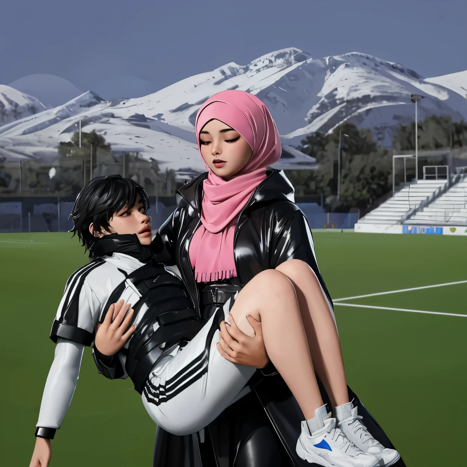 a desparated arab muslim hijabi-girl is standing in a laquered and very shiny quilted coat and carries a man in matte sportswear in her arms, a shouting arab muslim-woman carries a man in dull sportswear, a woman carries in her arms a male soccer player in cotton sportswear, rainy weather, rainfall, humid, girl carries guy, lift and carry, an excessively madeup arab veiled girl in a high-shine wet black latex downcoat, a soccer scene, a soccer injury, first aid carry at a soccer match, a young madeup latino-girl in a shiny black vinyl downjacket, a madeup arab girl in a shiny plastic-downcoat, a very sad and desperately crying latino-girl, an intensely madeup latino-girl in a glossy black vinyl-downcoat, latino-girl with lipstick, muslima-girl with smoky eyes, dramatic action pose, woman that is carrying a skinny shorthaired man, there is a beautiful woman in a shiny coat who is carrying a shorthaired blond man in her arms, a longhaired beautiful woman in a high-shine black puffy coat, a longhaired woman in a shiny downcoat, a woman is carrying a shorthaired man who is wearing black shorts, a weak shorthaired man in black shorts is consciousless and needs to be carried, a shorthaired man with closed eyes is carried in the arms of a longhaired latino-woman, a latino-woman looks very scared and terrified, a consciousless shorthaired man with closed eyes is suffering very much and has a very painful face, photo, photo shoot, photographed, arafed man being carried by a woman, very realistic, very very realistic, hyper-realistic, hyper - realistic, hyper realistic, jacket over bare torso, very disturbing, very hyperrealistic, super realistic, hyperrealistic!, extremely realistic, very very very realistic, super-realistic realistic, super-realistictic!, extremely realistic, very very very realistic, super-realistic realistic, super-realistic
