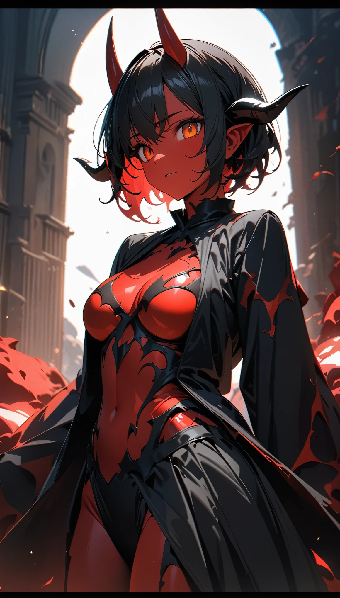 (high quality, 8k, 4K, High Detail, High Contrast, masterpiece:1.2, 最high quality, Best aesthetics), ((1 female)), Devil in the Lava, Red skin, Lava Body, Devil horns, Devil's Wings, Low-set wings, Encased in lava, Devil's Roar, Impressive fantasy artwork, Random Pause, Dutch Angle, Lava landscape, Ultra-fine illustration.