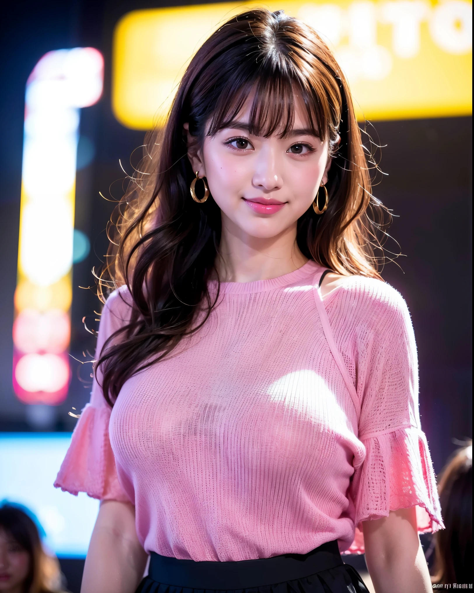 (8k, RAW Photos, highest quality, masterpiece:1.2), Super Resolution, (Realistic, Realistic Photo:1.37), Head to toe, High-resolution RAW color photos, Professional photos, Very detailed, 8k wallpaper, Amazing details, Very detailed美少女, Very detailed顔, Very detailed目, Very detailed肌, Very detailed指, Very detailed鼻, Very detailed詳細な口 , Very detailedな脚, Perfect Anatomy, Very detailed背景, Very detailed衣服, 1 girl, (18:1.2), Age 25, Fair skin, Glowing Skin , Curly Hair, (bangs:1.2), smile, Cute face, Realistic face, Pink mesh shirt, Short skirt, Earrings, Facing back to the audience, Dynamic Lighting, Very large breasts,