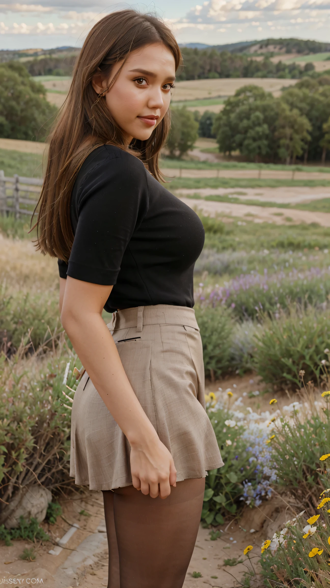 4K, Meadow, pasture, dirt road, clear sky with some clouds, bushes,depravity,thick thighs, woman, teacher, pencil skirt, lipstick,makeup, pantyhose, huge breasts, Jessica Alba, Jessica Alba face