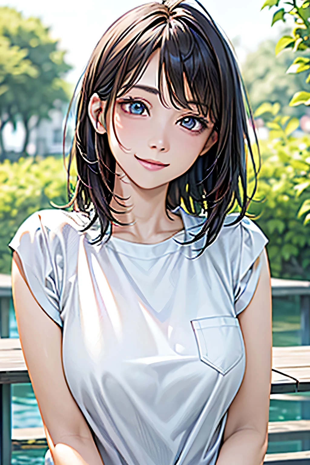 ((highest quality、8k、masterpiece、Realistic:1.4、detailed、Beautiful and detailed))、Detailed Skin、Beautiful and clear eyes、Natural smile、Beautiful girl with a smile、Bright sunlight, Perfect Anatomy,