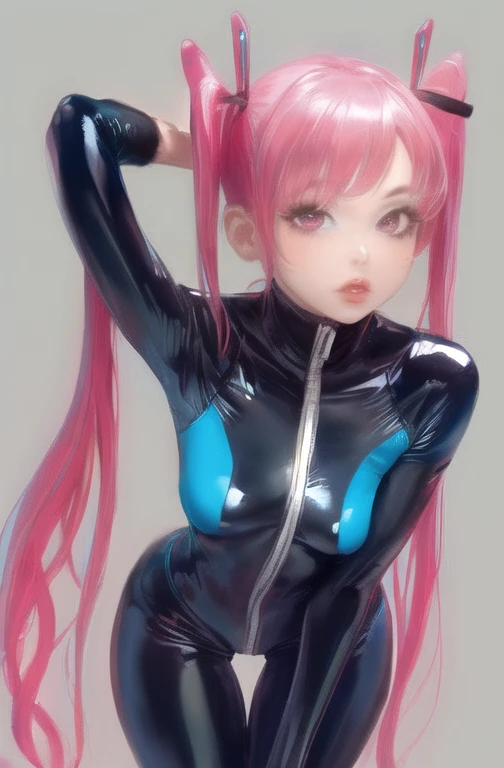 ((masterpiece)), (highest quality), (detailed), One girl,
View your viewers,  (lipstick:0.75), Leaning forward,
Long pink hair, Twin tails,
Colorful thighs,
summer, Vibrant colors,
 Pink bodysuit